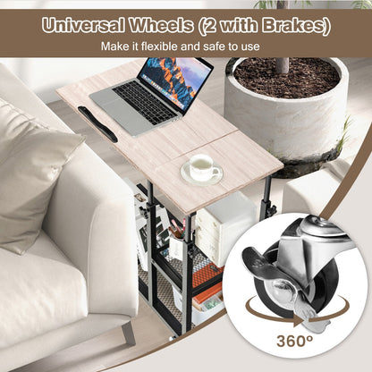 Mobile Couch Side Table with Height Adjustable Storage-Natural