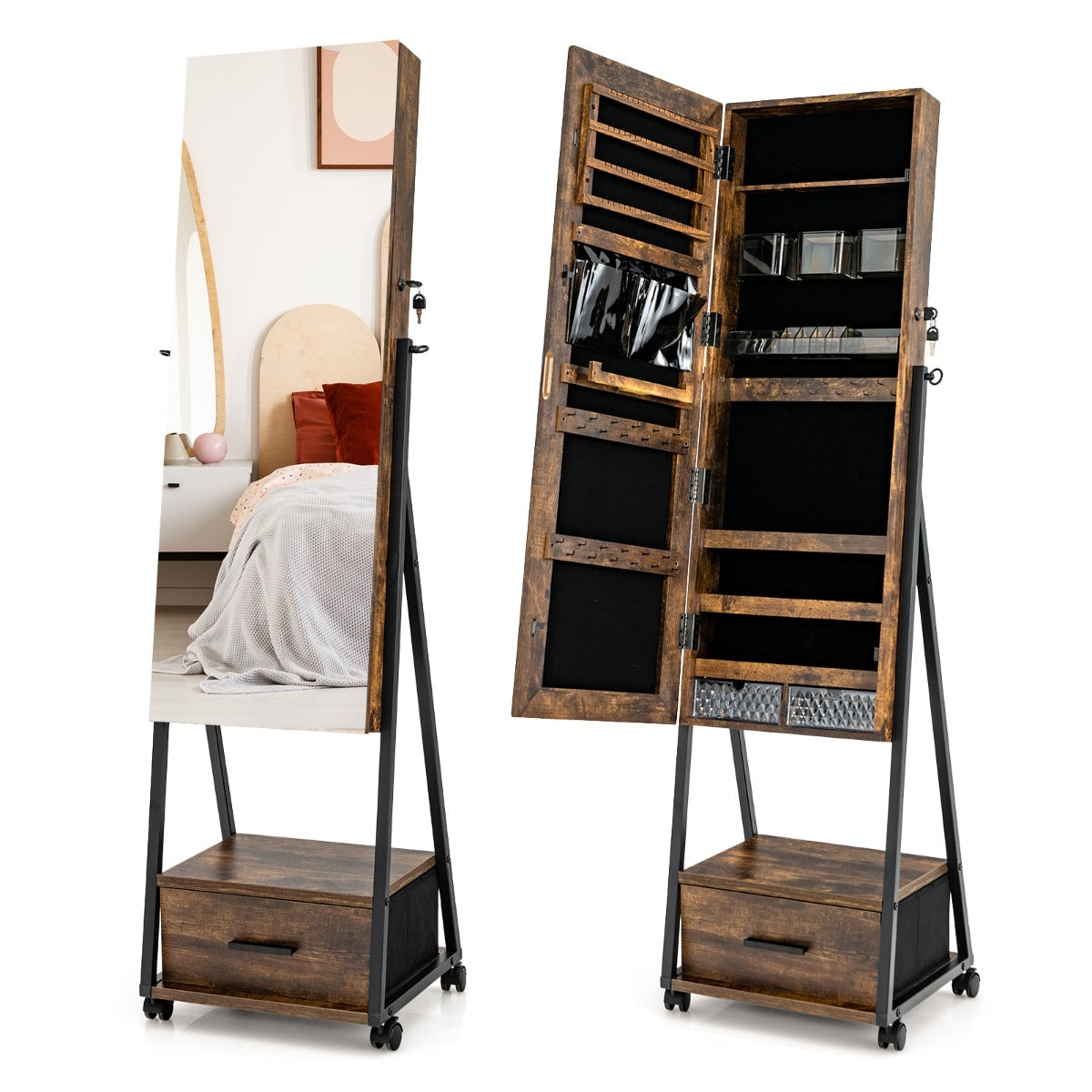 Mobile Standing Lockable Jewelry Cabinet with Full Length Mirror-Coffee