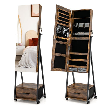 Mobile Standing Lockable Jewelry Cabinet with Full Length Mirror-Coffee