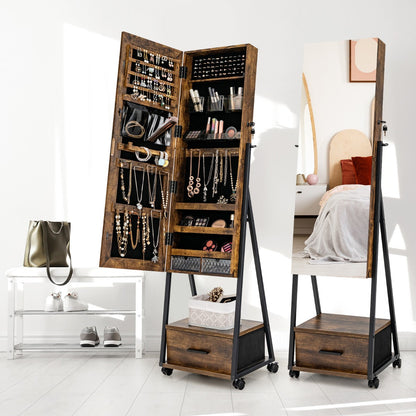 Mobile Standing Lockable Jewelry Cabinet with Full Length Mirror-Coffee