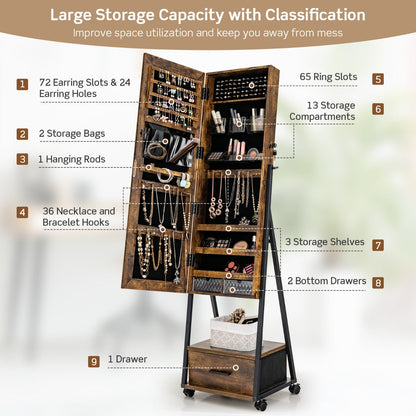 Mobile Standing Lockable Jewelry Cabinet with Full Length Mirror-Coffee