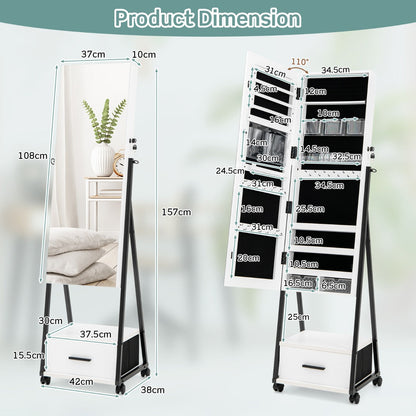 Mobile Standing Lockable Jewelry Cabinet with Full Length Mirror-White