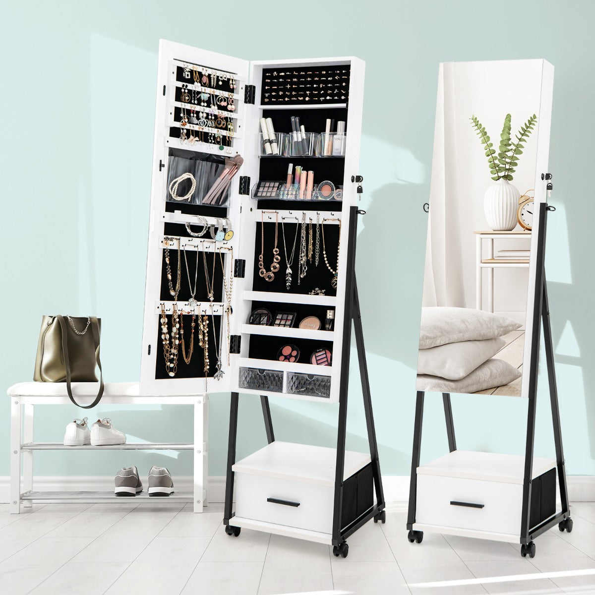 Mobile Standing Lockable Jewelry Cabinet with Full Length Mirror-White