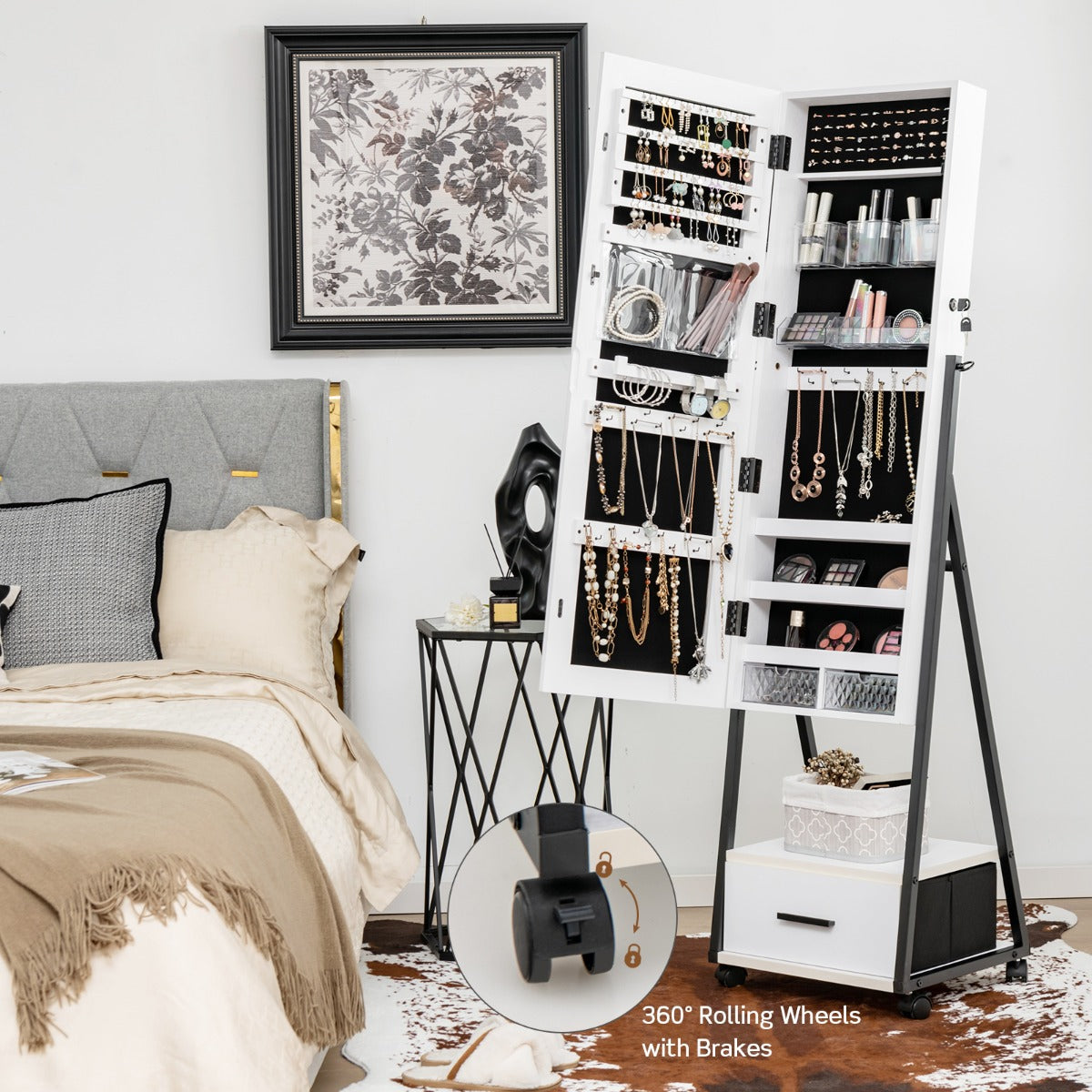 Mobile Standing Lockable Jewelry Cabinet with Full Length Mirror-White