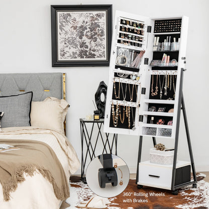 Mobile Standing Lockable Jewelry Cabinet with Full Length Mirror-White