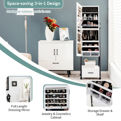 Mobile Standing Lockable Jewelry Cabinet with Full Length Mirror-White