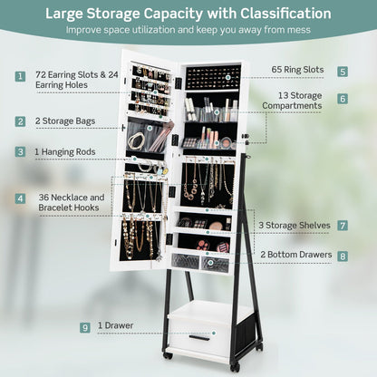 Mobile Standing Lockable Jewelry Cabinet with Full Length Mirror-White