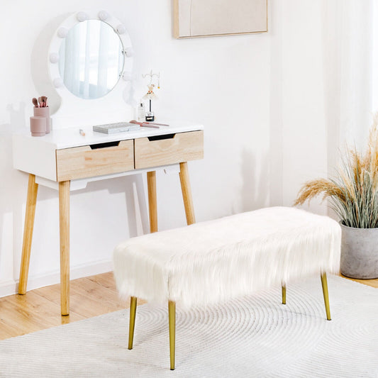 Rectangular Upholstered Furry Faux Fur Footrest with Golden Metal Legs-White