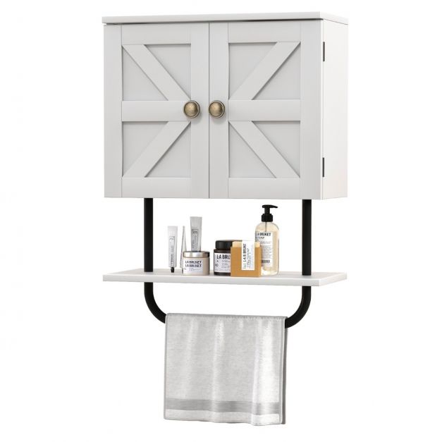 Bathroom Wall Cabinet with Double Doors &amp; Open Shelf &amp; Towel Rack-White
