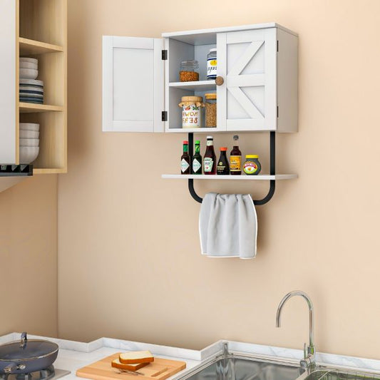 Bathroom Wall Cabinet with Double Doors &amp; Open Shelf &amp; Towel Rack-White