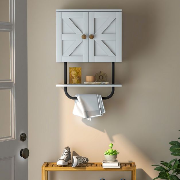 Bathroom Wall Cabinet with Double Doors &amp; Open Shelf &amp; Towel Rack-White