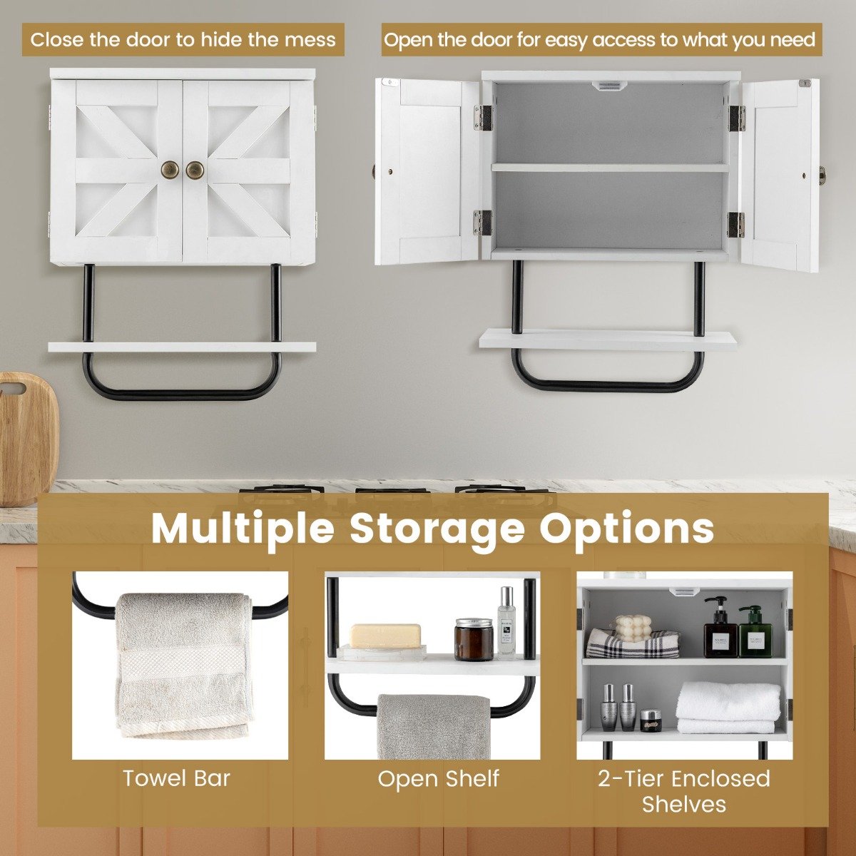 Bathroom Wall Cabinet with Double Door and Open Shelf and Towel Rack-White