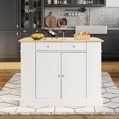 Drop-Leaf Kitchen Island with Extendable Worktop and Adjustable Shelves-White