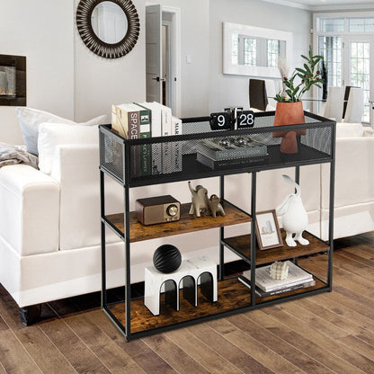 4-Tier Console Table with Wire Basket and Storage Shelves-Brown