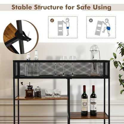 4-Tier Console Table with Wire Basket and Storage Shelves-Brown