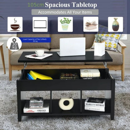 Rising Center Table with Lift Top Hidden Compartment-Black