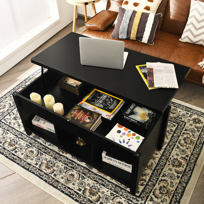 Rising Center Table with Lift Top Hidden Compartment-Black