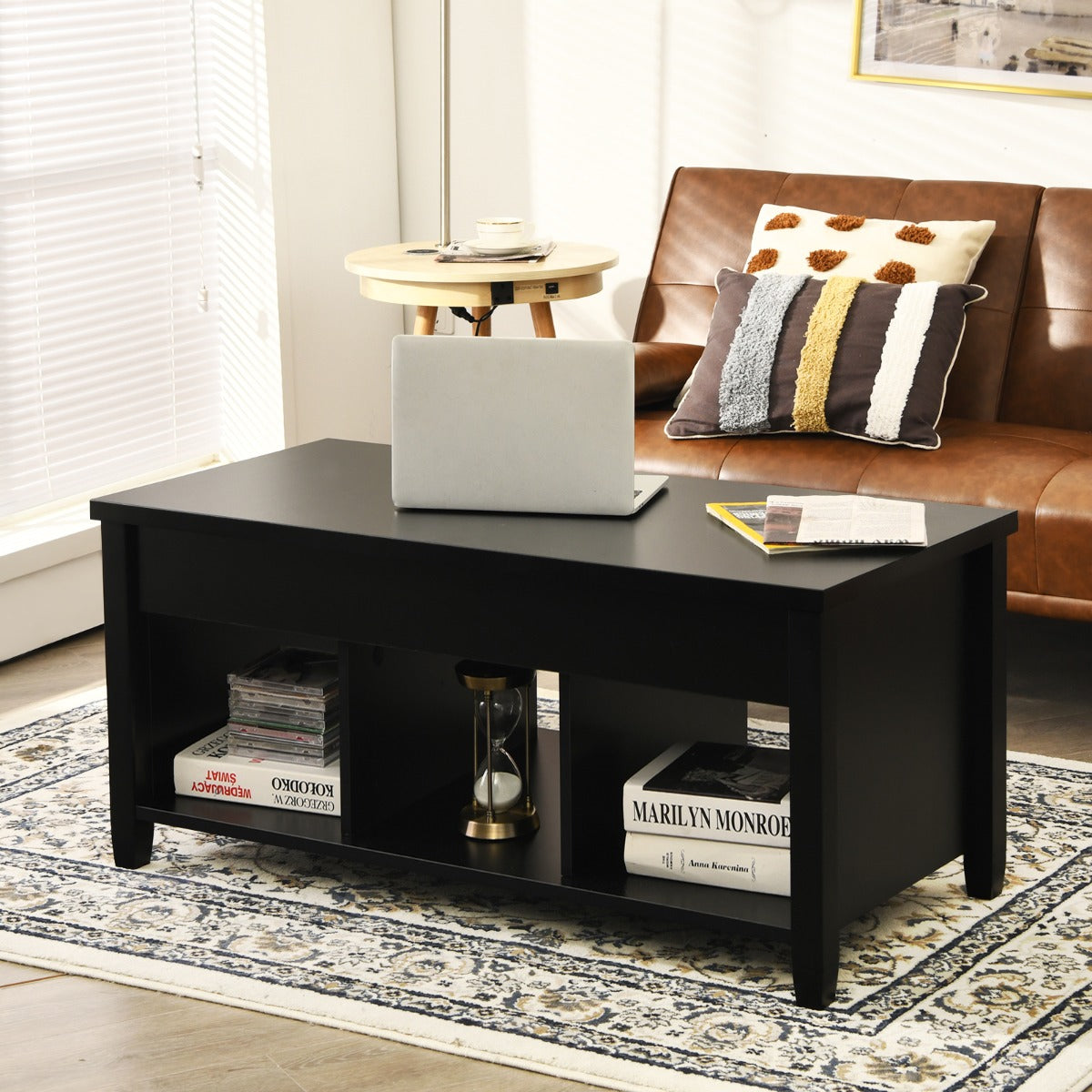 Rising Center Table with Lift Top Hidden Compartment-Black