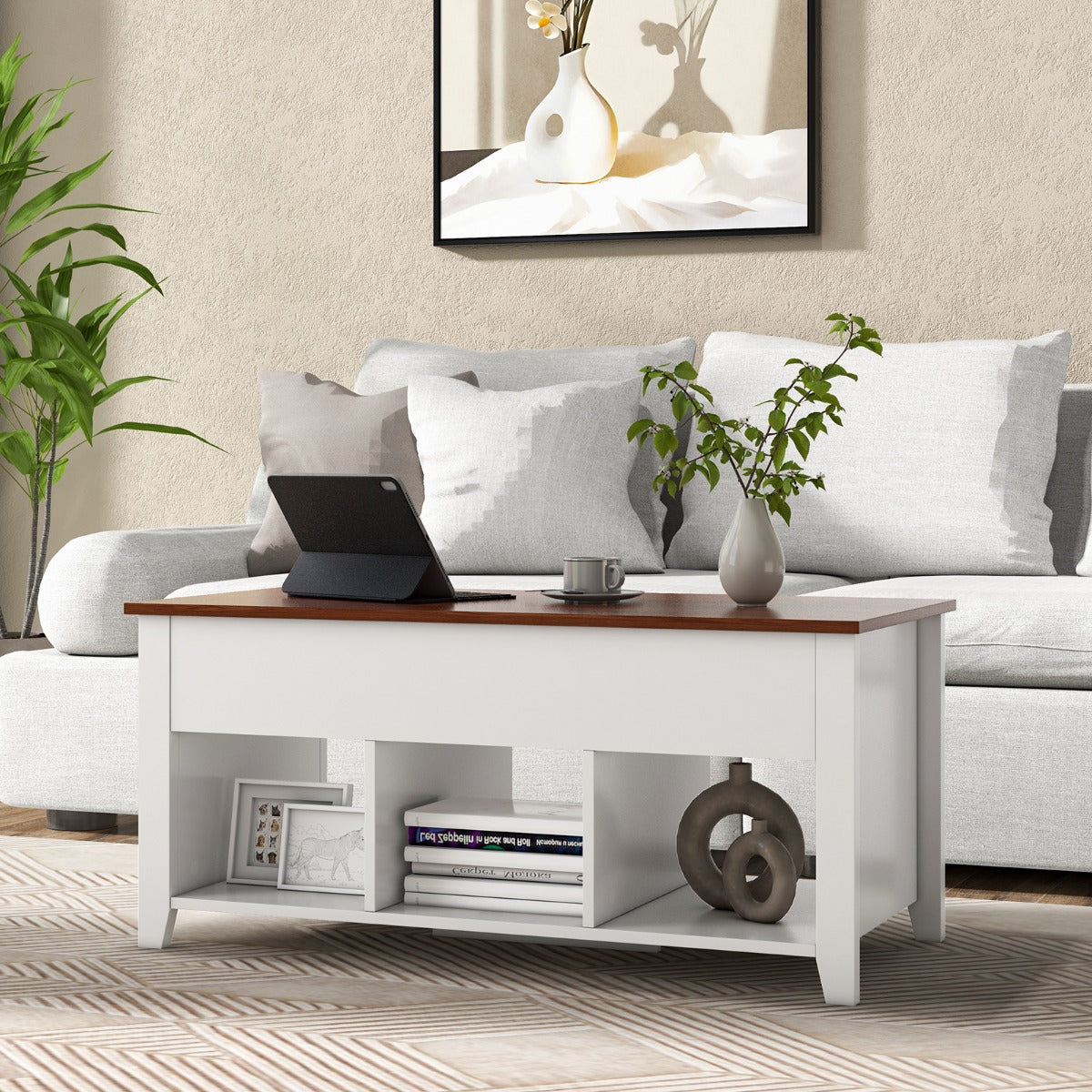 Rising Center Table with Lift Top Hidden Compartment-White