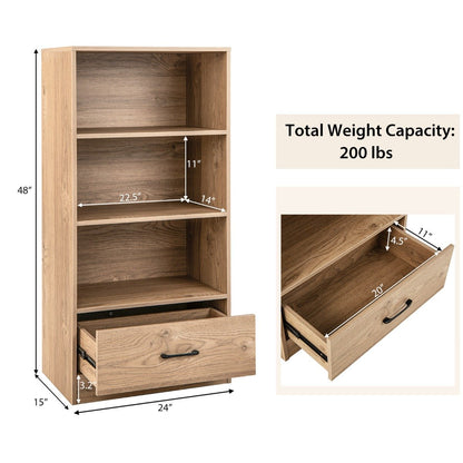 Wooden Storage Bookshelf Cabinet with 3-Tier Open Shelves and Drawer-Natural