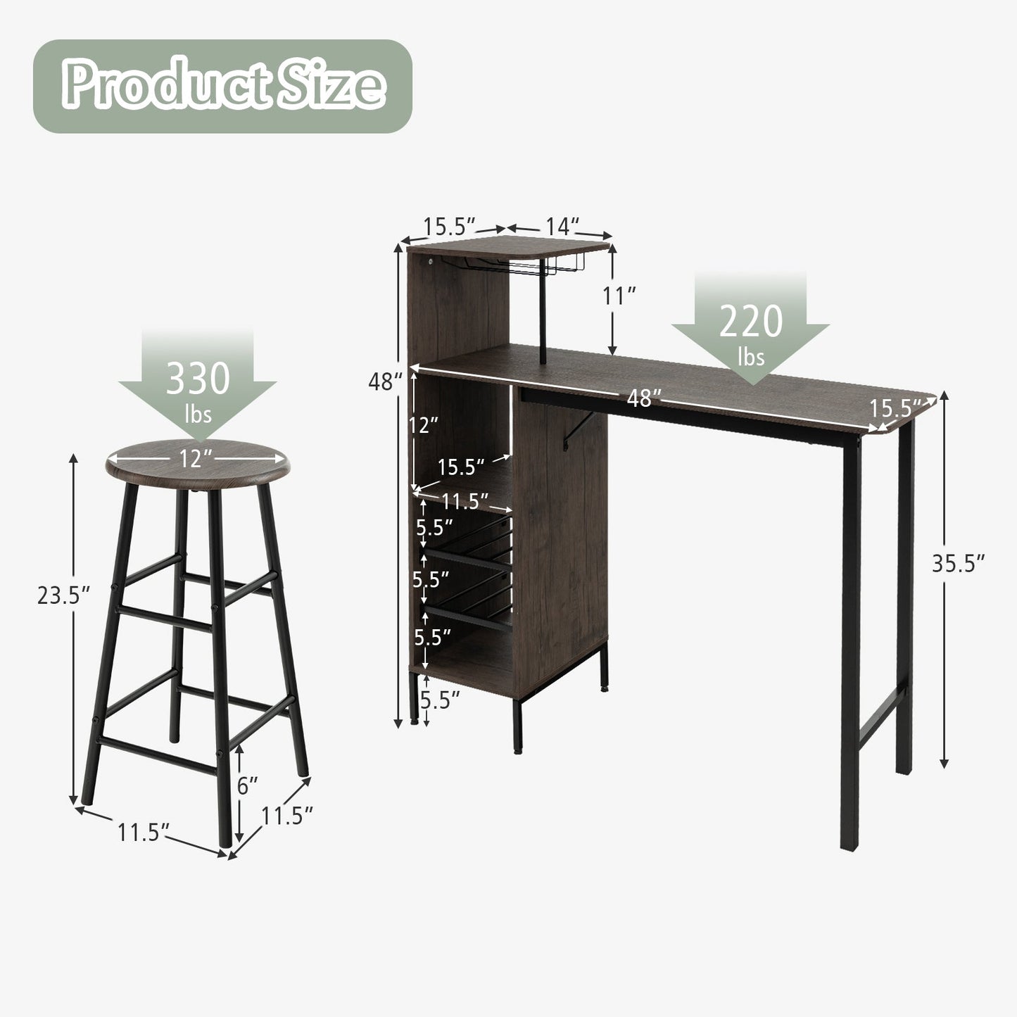 3 Pieces Bar Table & Chair Set with 6-Bottle Wine Racks for Dining Room