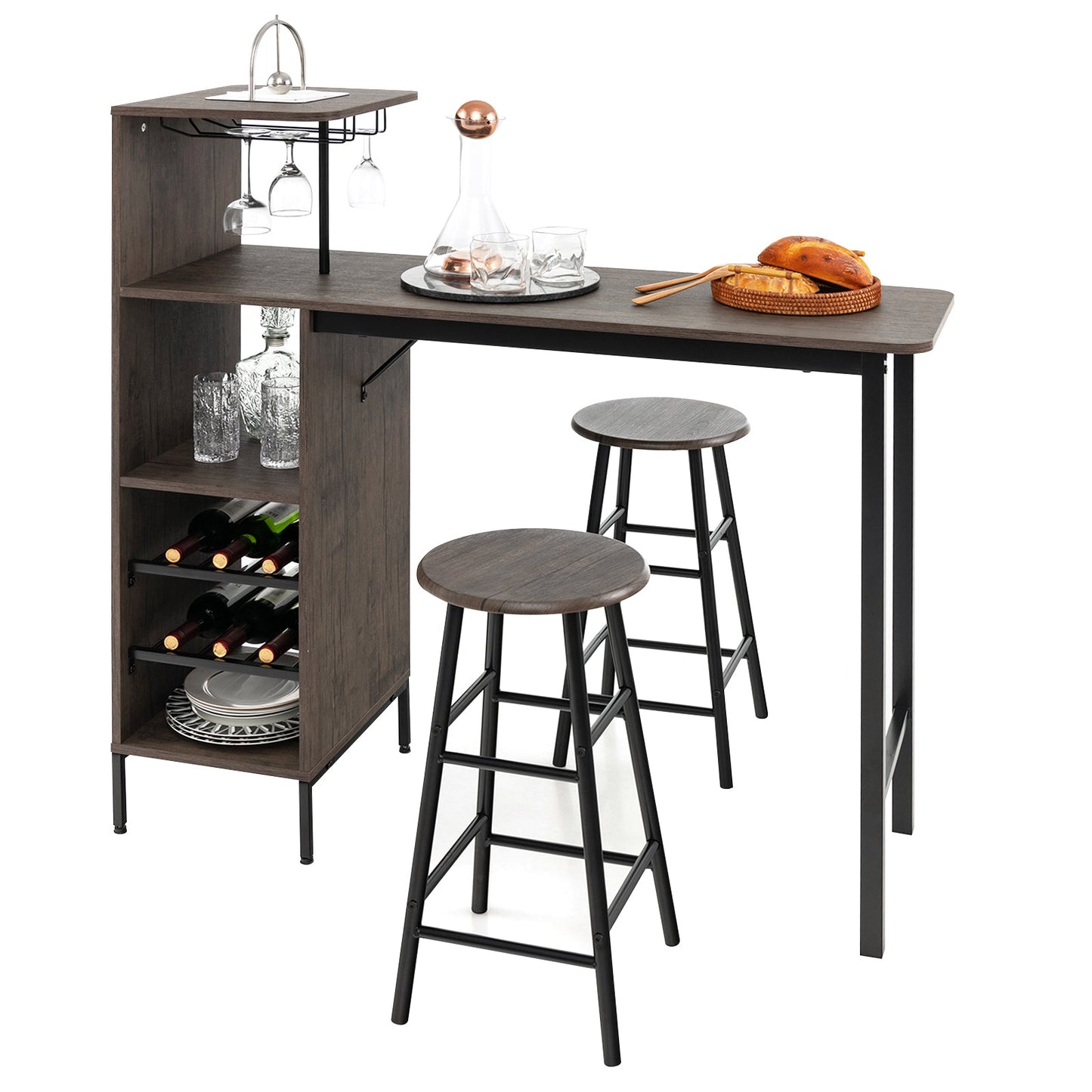 3 Pieces Bar Table & Chair Set with 6-Bottle Wine Racks for Dining Room