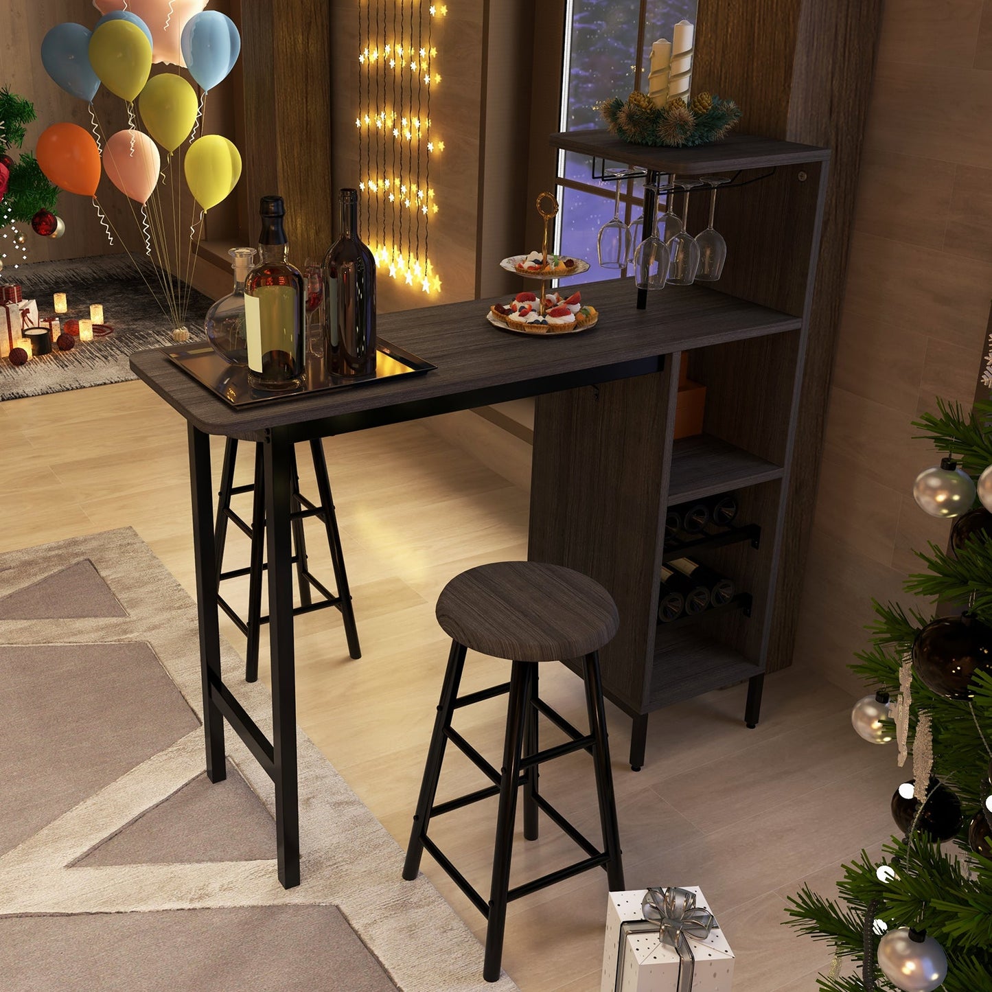3 Pieces Bar Table & Chair Set with 6-Bottle Wine Racks for Dining Room