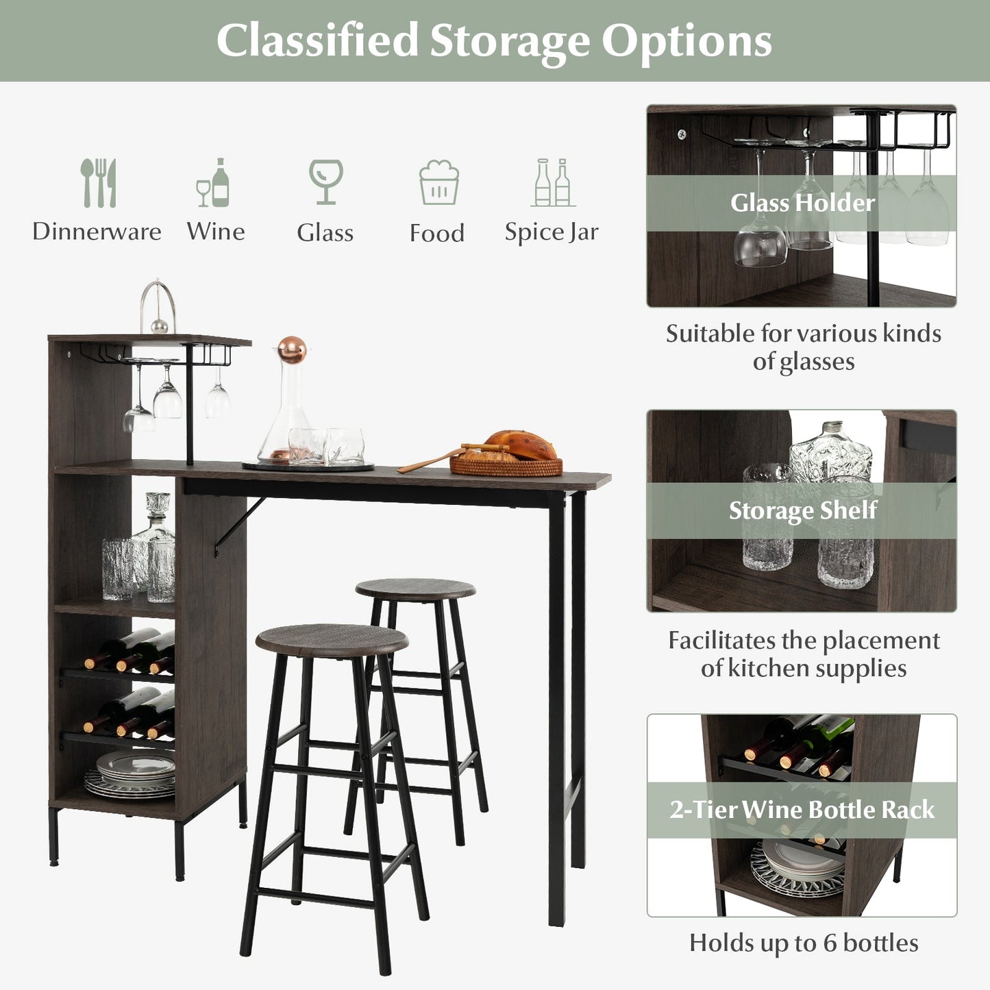 3 Pieces Bar Table & Chair Set with 6-Bottle Wine Racks for Dining Room
