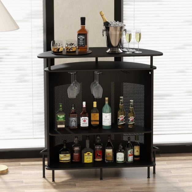 4-Tier Liquor Bar Table with 3 Glass Holders and Storage Shelves-Black