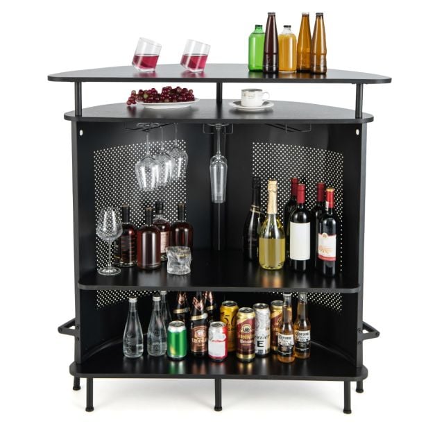 4-Tier Liquor Bar Table with 3 Glass Holders and Storage Shelves-Black