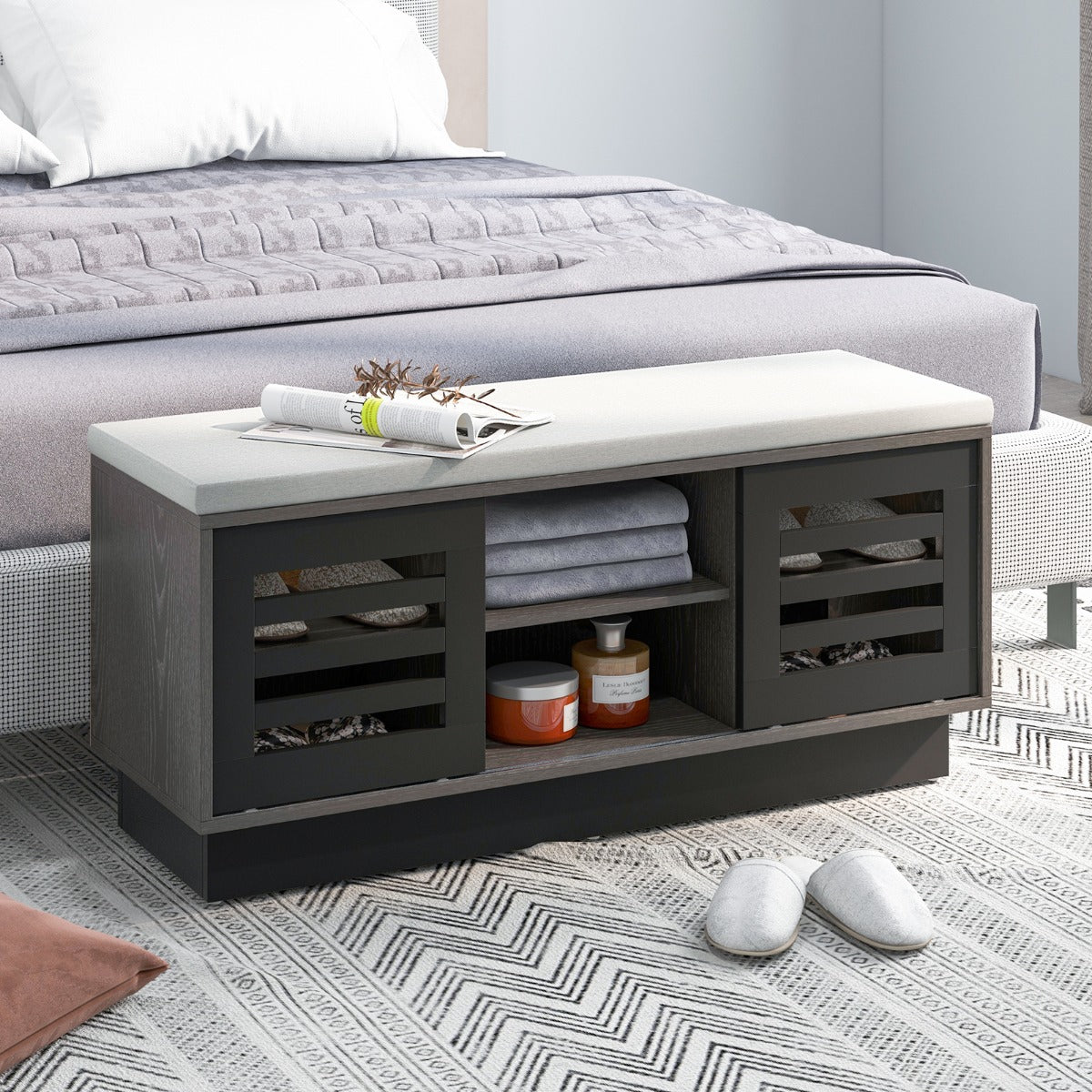 Shoe Bench with 6 Storage Compartments and 3 Adjustable Shelves and Cushion-Dark Grey