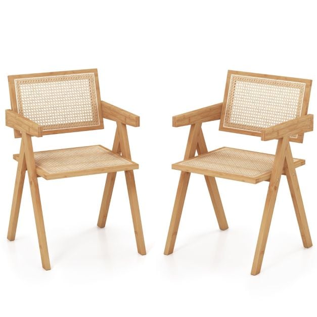 Rattan Accent Chairs Set of 2 with Natural Bamboo Frame-Natural