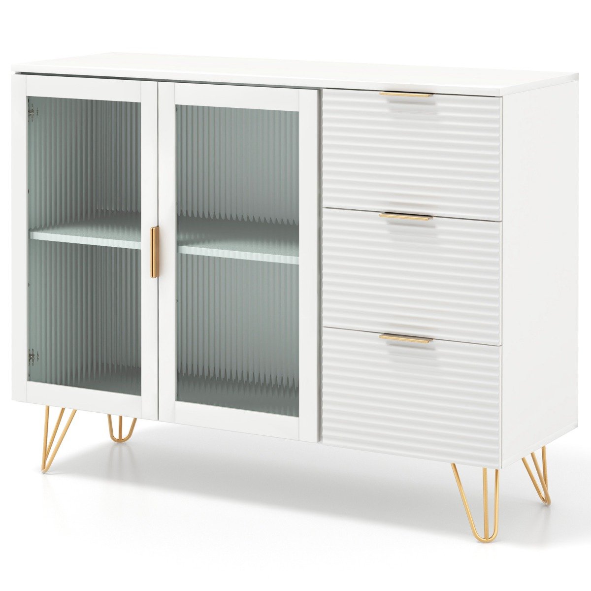 Modern Sideboard Storage Cabinet with 2 Glass Doors and 3 Drawers-White