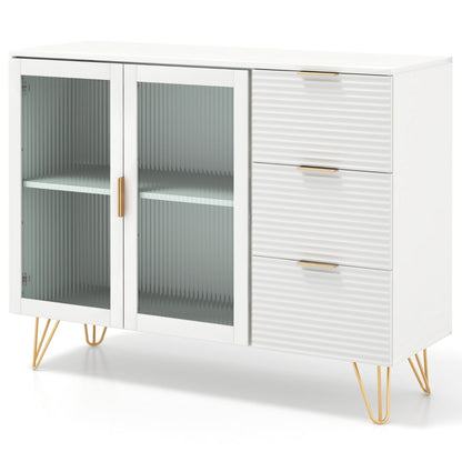 Modern Sideboard Storage Cabinet with 2 Glass Doors and 3 Drawers-White