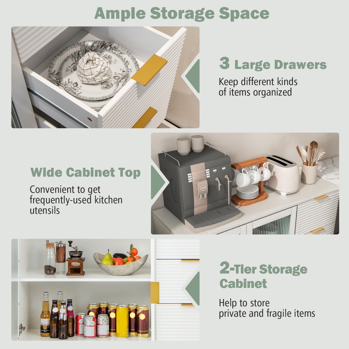 Modern Sideboard Storage Cabinet with 2 Glass Doors and 3 Drawers-White