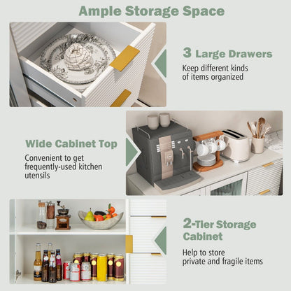 Modern Sideboard Storage Cabinet with 2 Glass Doors and 3 Drawers-White