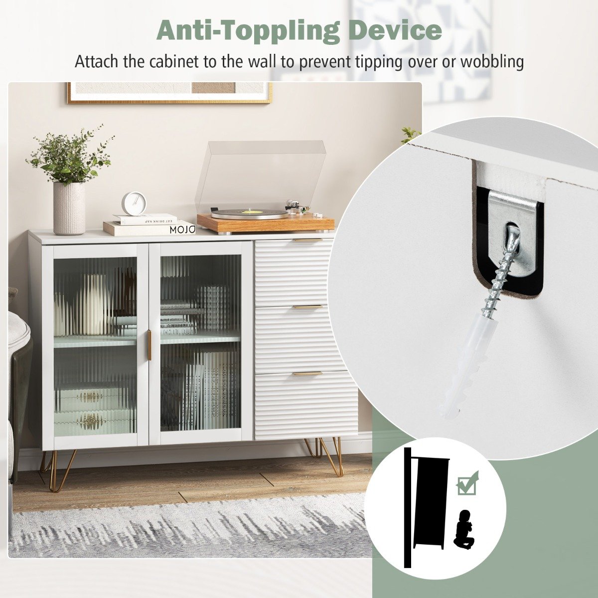 Modern Sideboard Storage Cabinet with 2 Glass Doors and 3 Drawers-White