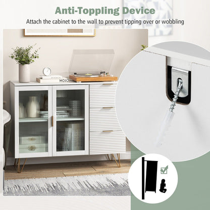 Modern Sideboard Storage Cabinet with 2 Glass Doors and 3 Drawers-White