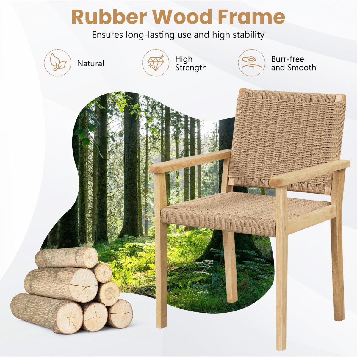 Wood Chair Set of 2 with Paper Rope Woven Seat-Natural