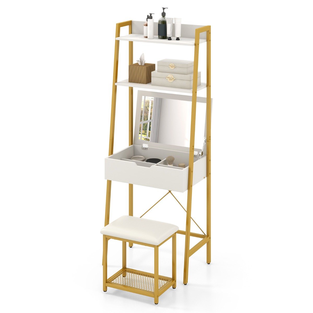 Vanity Table Set with Flip Top Mirror Cushioned Stool-Golden