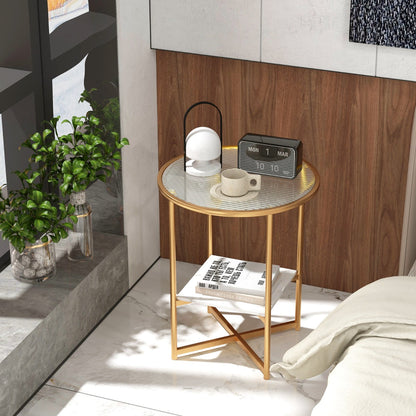 50 x 50 x 60 cm 2-Tier Round Side Table with Faux Marble Storage Shelf-White