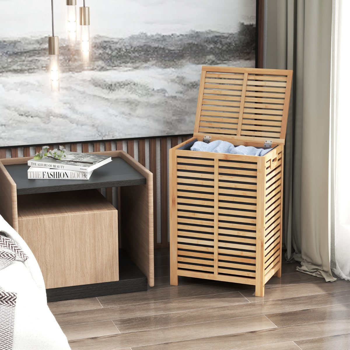 80 L Bamboo Laundry Hamper with Lid and Handles-Natural