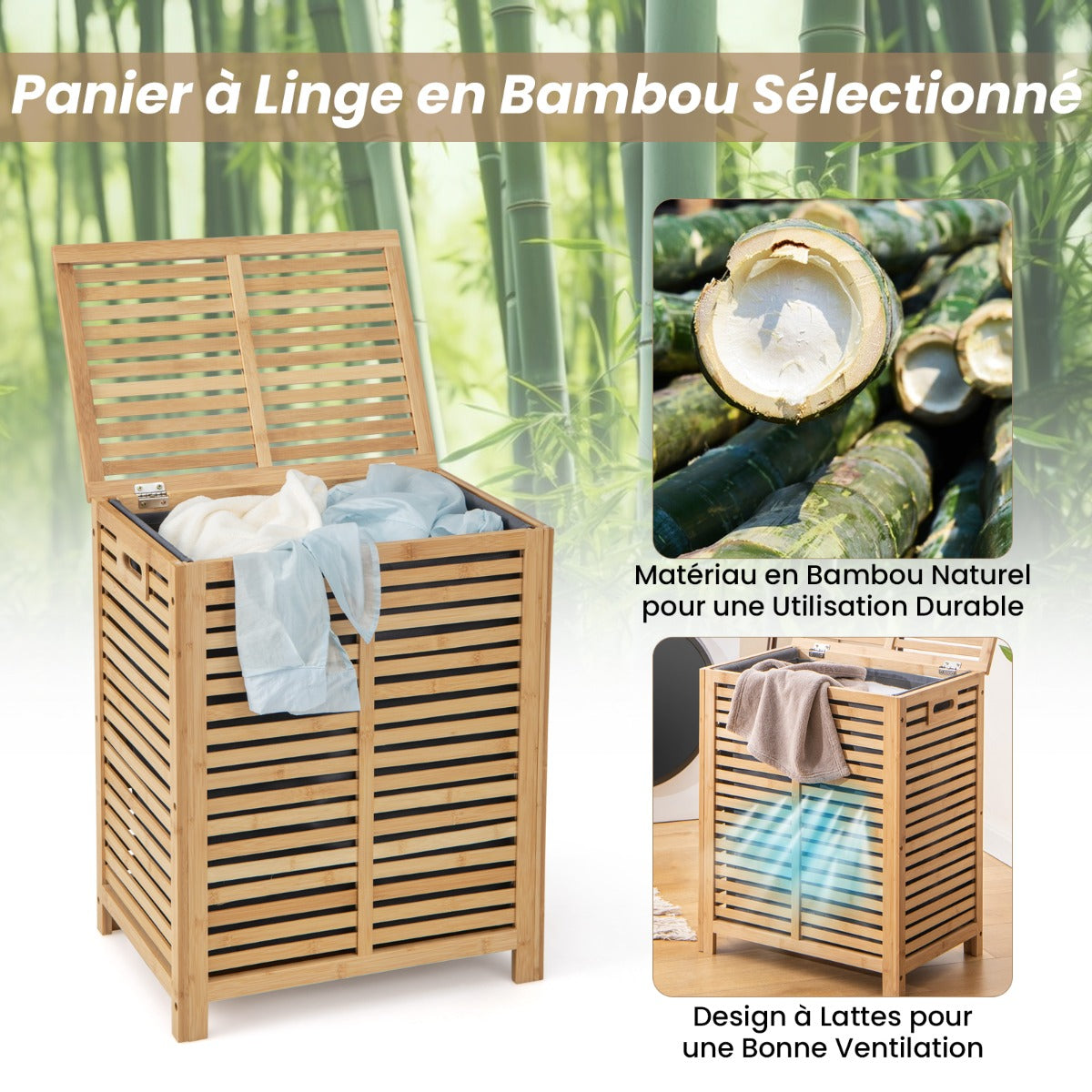 80 L Bamboo Laundry Hamper with Lid and Handles-Natural