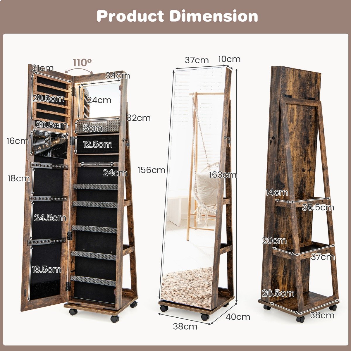 Lockable Jewelry Cabinet Armoire with Built-in Makeup Mirror and 3-Color LED Lights-Rustic Brown