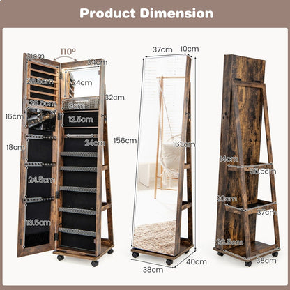 Lockable Jewelry Cabinet Armoire with Built-in Makeup Mirror and 3-Color LED Lights-Rustic Brown