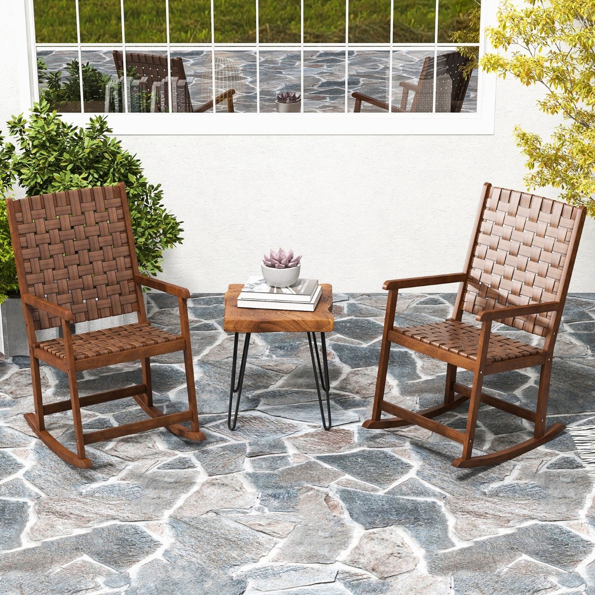 Wood Rocking Chair with PU Seat and Rubber Wood Frame for Porch Backyard Balcony-Brown