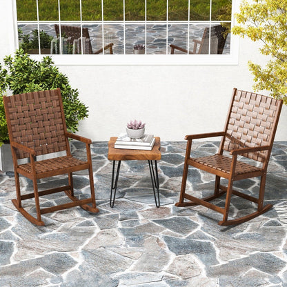 Wood Rocking Chair with PU Seat and Rubber Wood Frame for Porch Backyard Balcony-Brown