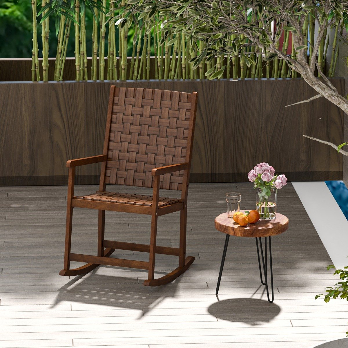 Wood Rocking Chair with PU Seat and Rubber Wood Frame for Porch Backyard Balcony-Brown