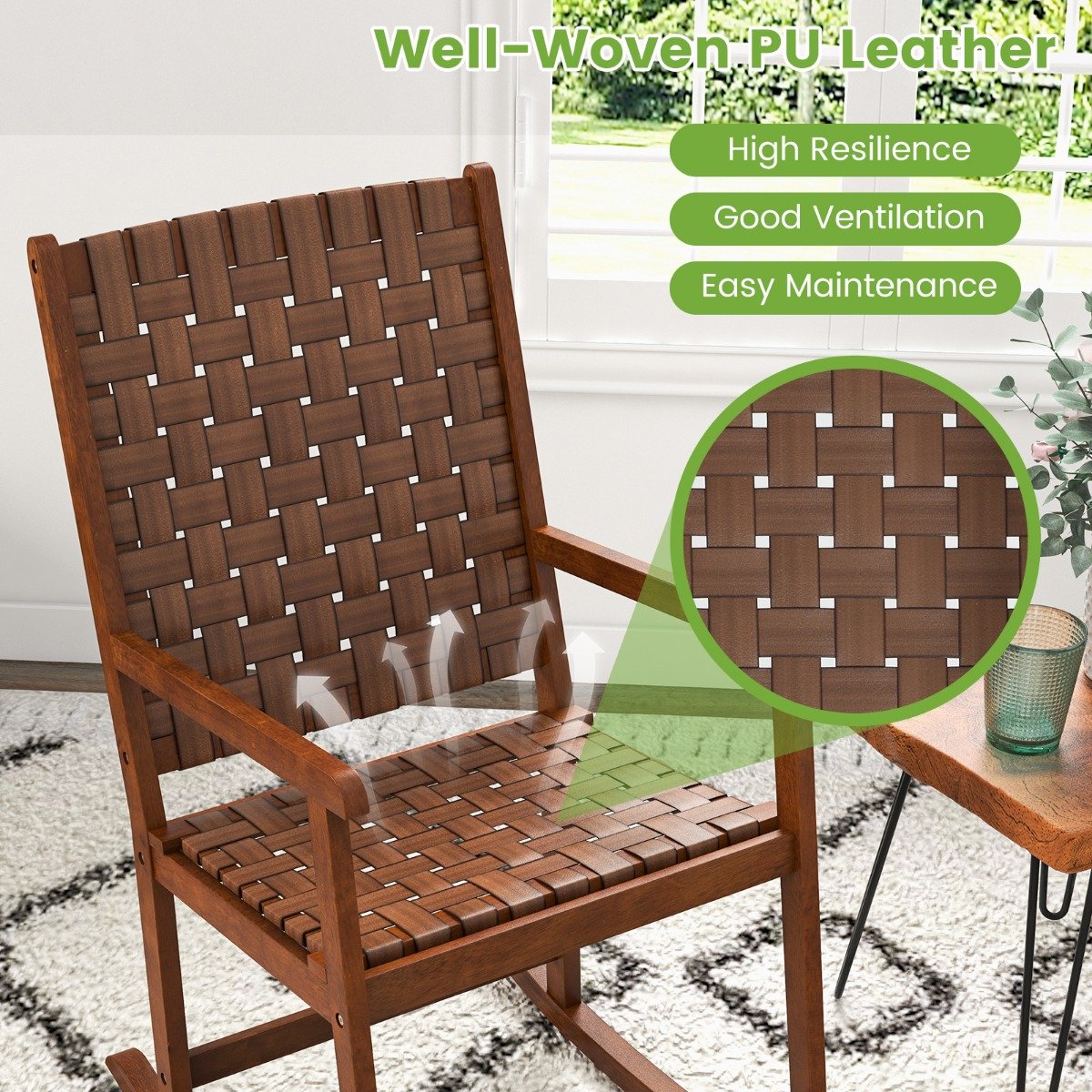 Wood Rocking Chair with PU Seat and Rubber Wood Frame for Porch Backyard Balcony-Brown