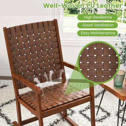 Wood Rocking Chair with PU Seat and Rubber Wood Frame for Porch Backyard Balcony-Brown
